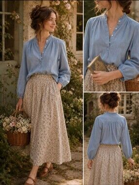 Trovata Sara B Henley Light Blue Chambray Blouse - XS